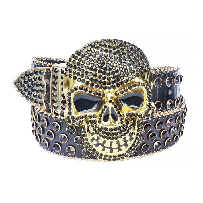 Black Rhinestone Belt With Black Strap and Skull Buckle