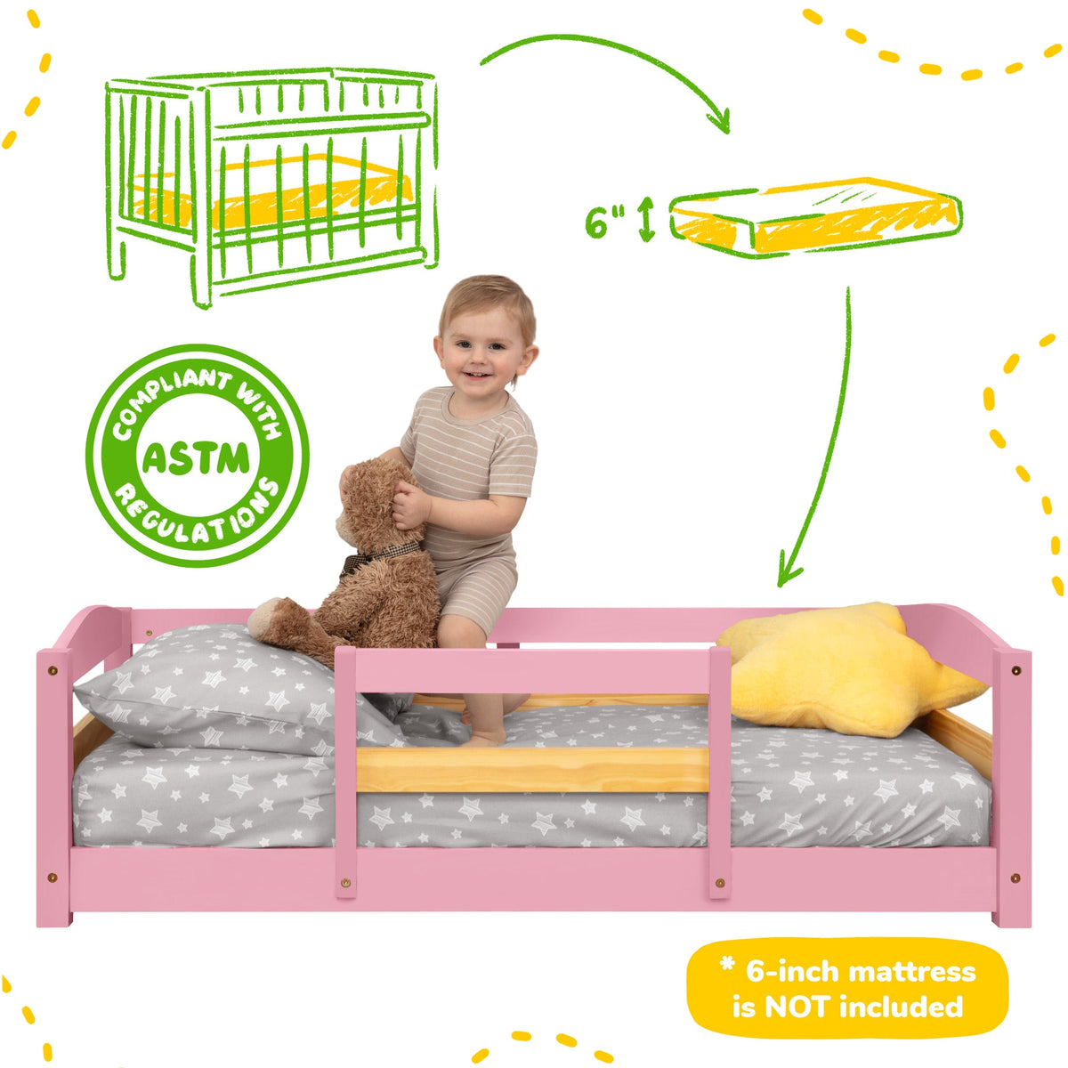 Crib Size Wooden Floor Bed Frame with Rails for Toddlers Age 1–3