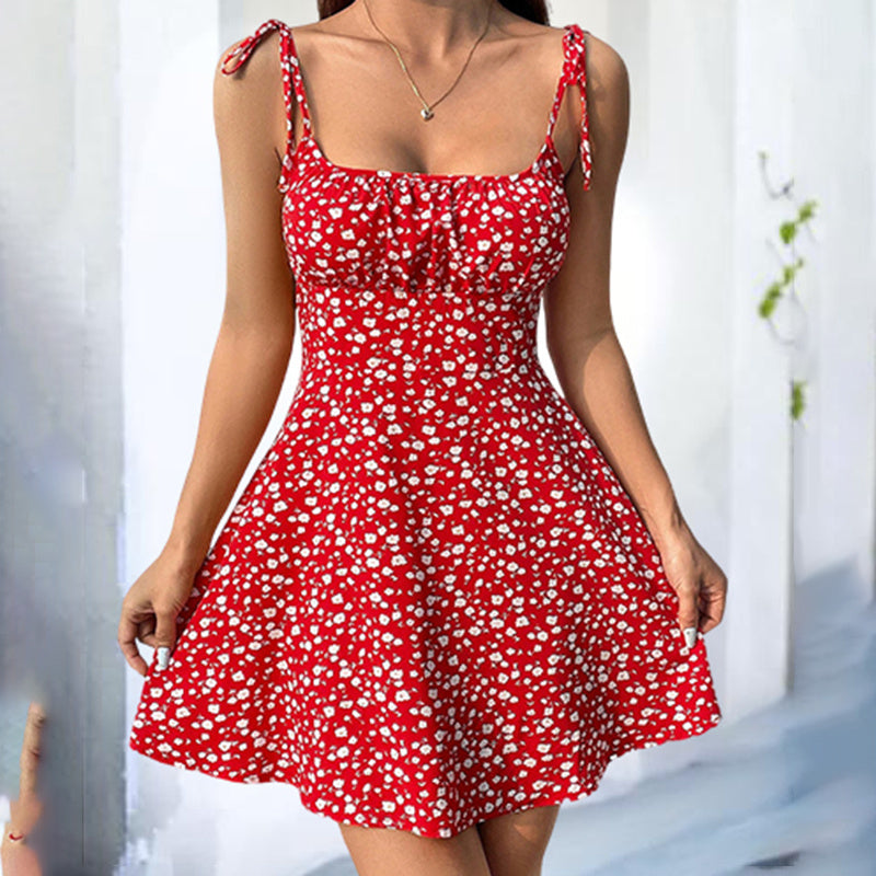 Floral Mini Dress Spaghetti Strap Tie Shoulder Ruffle Summer Boho Dresses