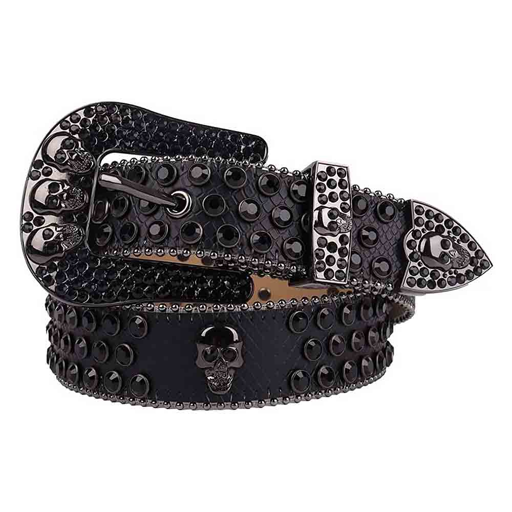 Black Leather Belt And Black Buckle Studded with Black Rhinestones
