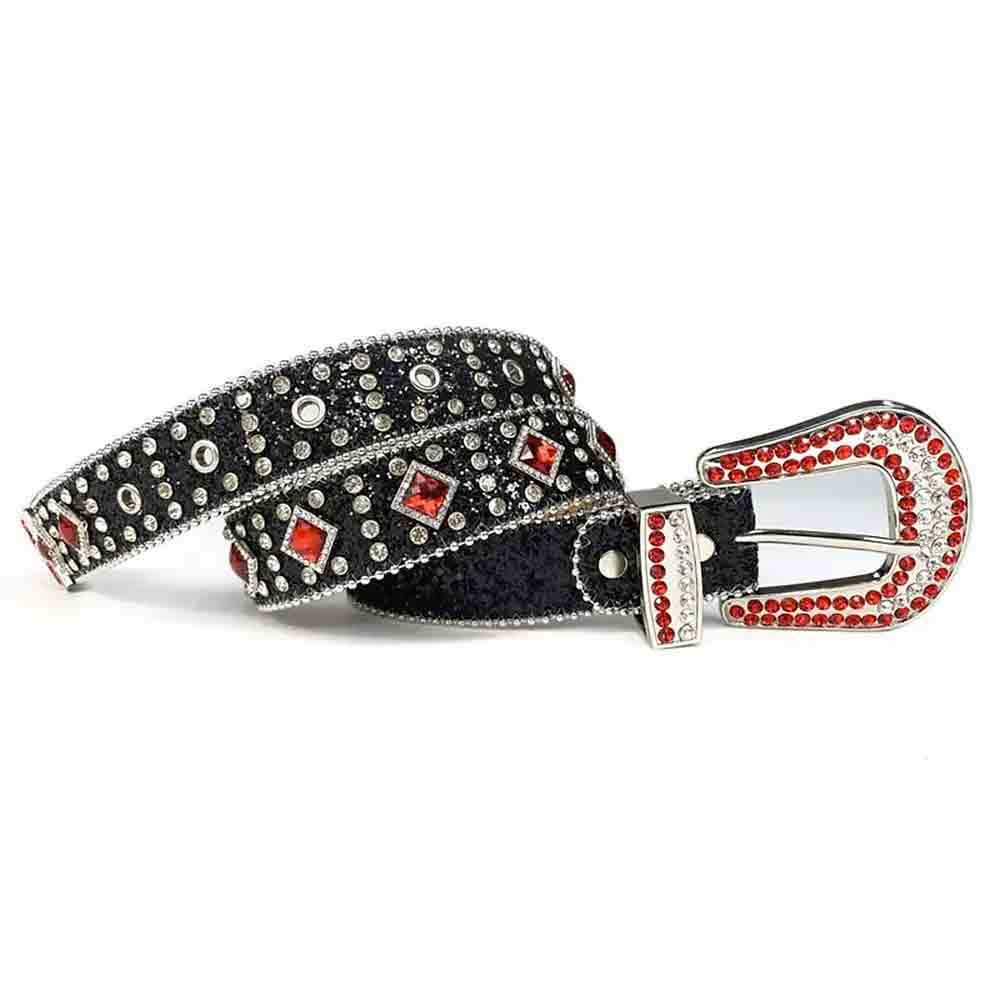 Black Strap With Big Red & Transparent Studded Rhinestone Belt