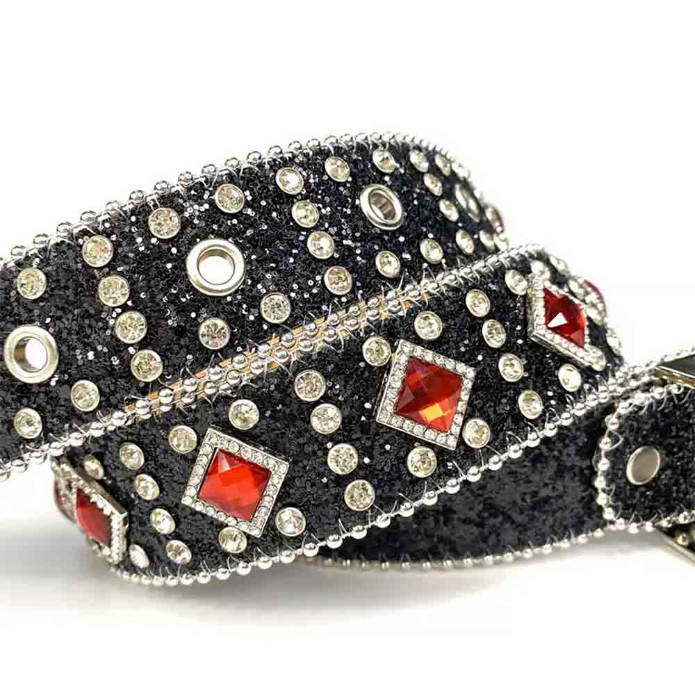 Black Strap With Big Red & Transparent Studded Rhinestone Belt