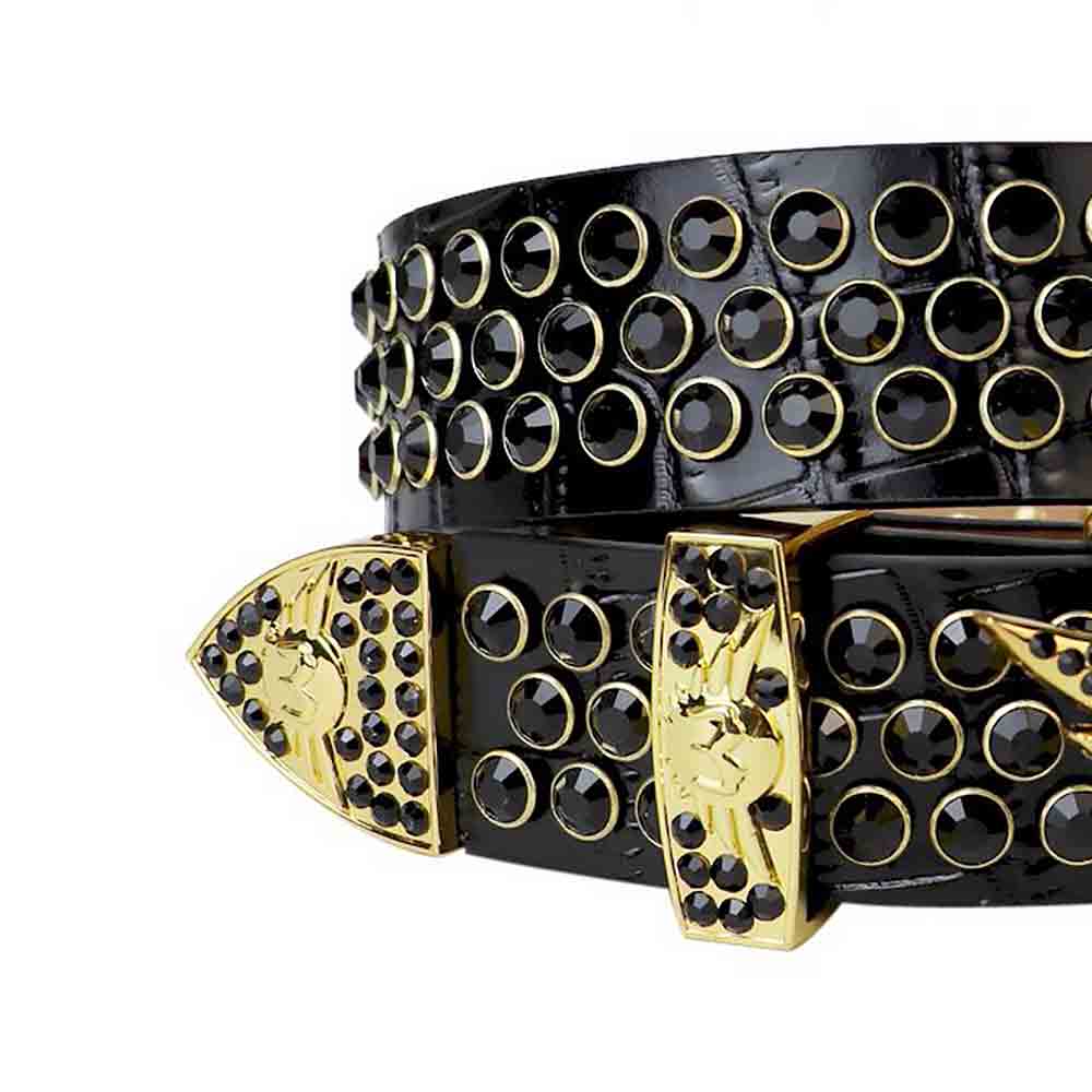 Black Strap With Black Studded Rhinestone Belt with Gold Wings Shaped Black Buckle