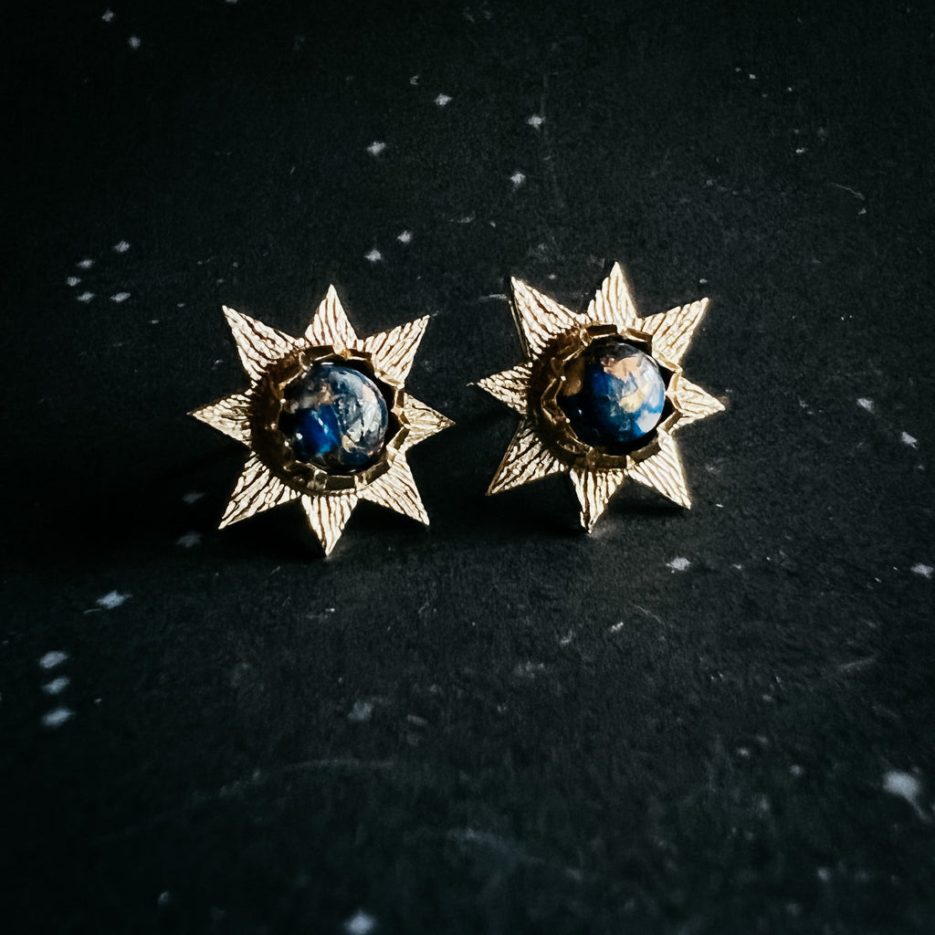 Dark Before the Dawn Sunburst Stud Earrings with Copper Lapis Lazuli