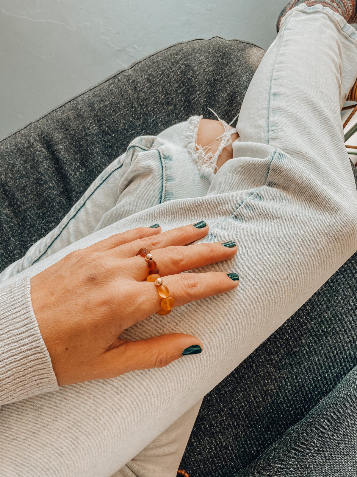 Raw Cognac Baltic Amber + 14K Gold Filled || Beaded Stretch Ring