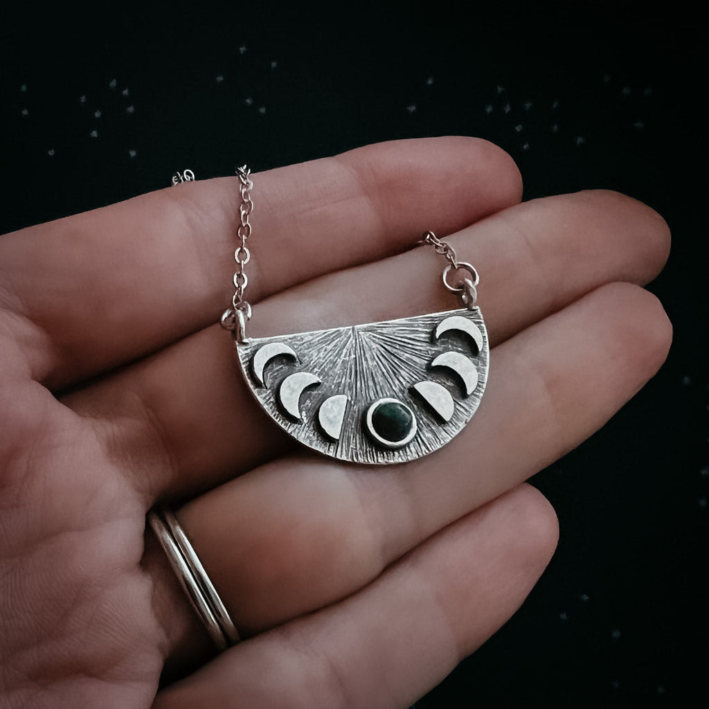 Lunar Eclipse Half Circle Pendant Necklace with Moon Phases and Black Opal
