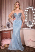Ladivine J903 Lavish Crystal Encrusted Sheer Corset Bodice Fitted Gown