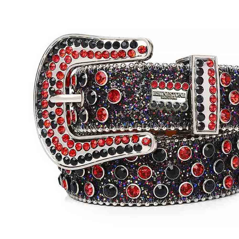 Black Shiny Strap With Bling Red & Black Rhinestone Belt