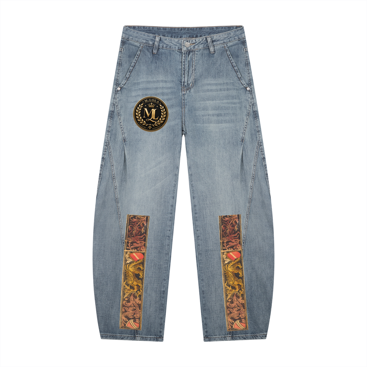 M.Lola “Dragon & Shield” Men's Vintage Wash Barrel Leg Jeans