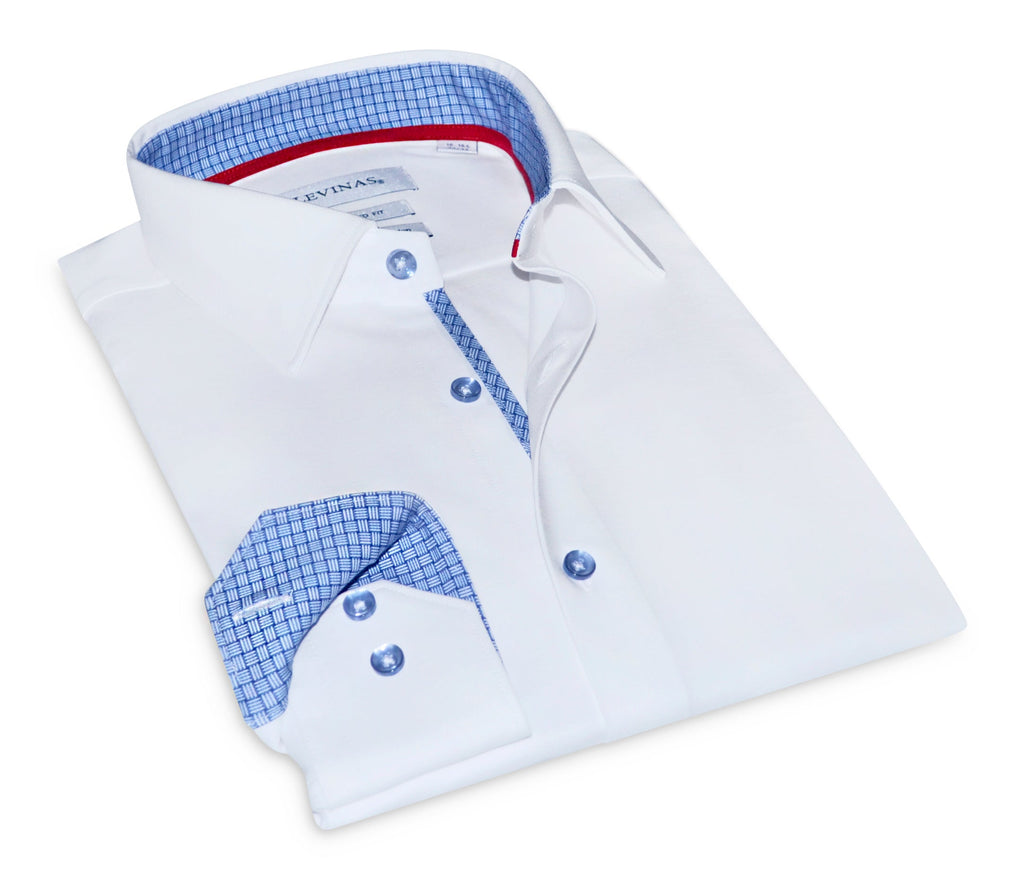 Edward// // Cotton Knit-Stretch Button-Up Shirt With Contrast Details // White // Tailored Fit (Fitted)