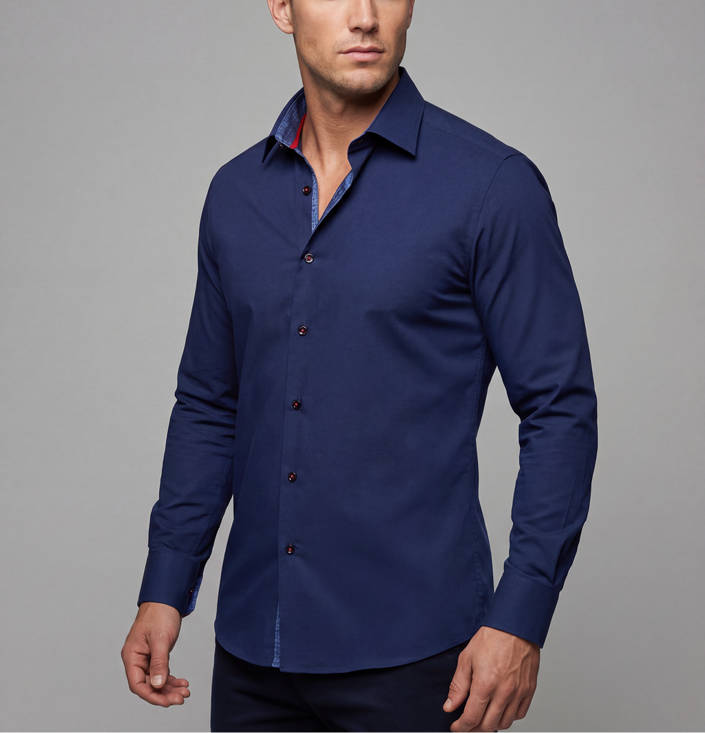 Kevin// Cotton Knit-Stretch Button-Up Shirt With Contrast Details // Navy // Tailored Fit (Fitted)