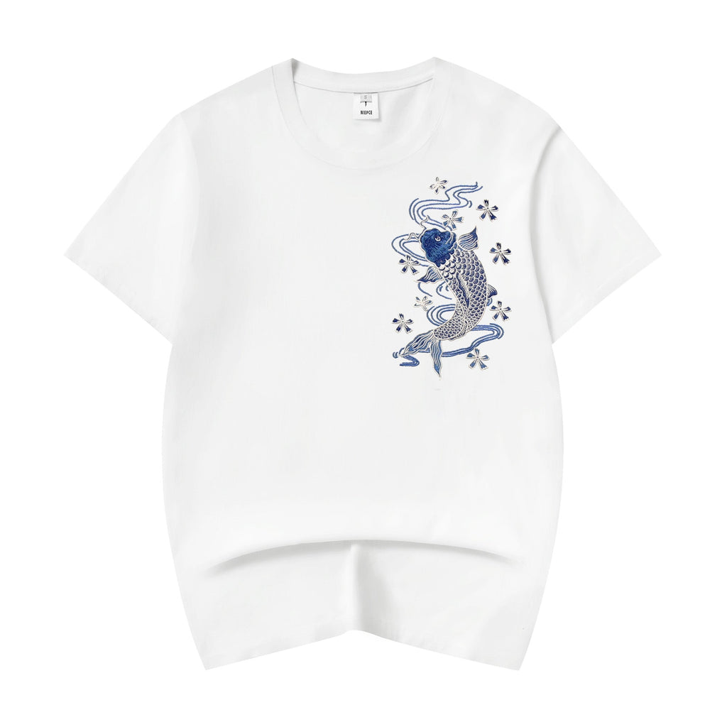 KH801 Blue Koi Embroidery Tee