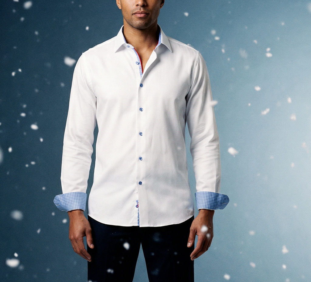 Edward// // Cotton Knit-Stretch Button-Up Shirt With Contrast Details // White // Tailored Fit (Fitted)