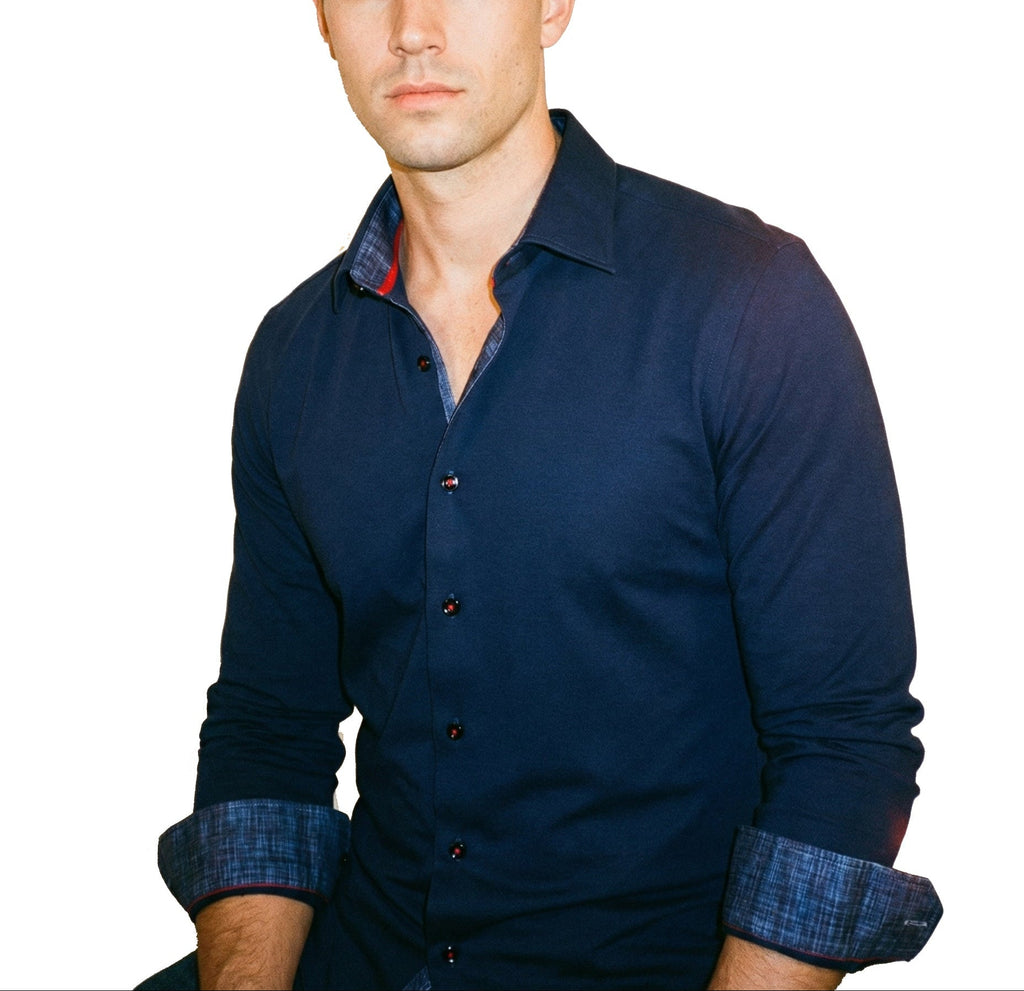 Kevin// Cotton Knit-Stretch Button-Up Shirt With Contrast Details // Navy // Tailored Fit (Fitted)